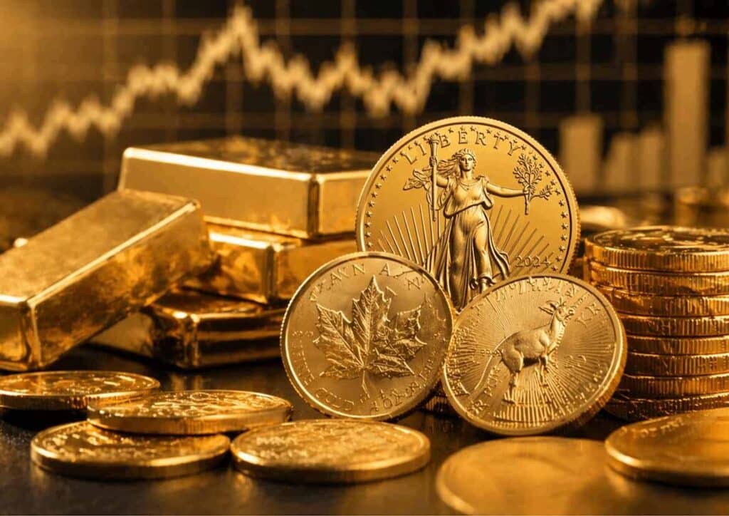 Gold bullion coins and gold bars displayed with a rising market chart, illustrating why to invest in gold and highlighting where to buy gold in Sacramento. 
