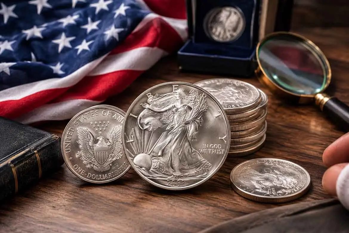 American Silver Eagle coins displayed with U.S. currency and a magnifying glass for coin collecting and evaluation.