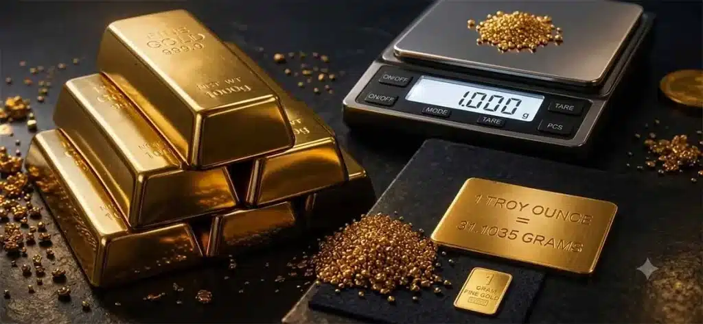 Gold bars and gold measured in grams and ounces on digital scales for investment comparison.