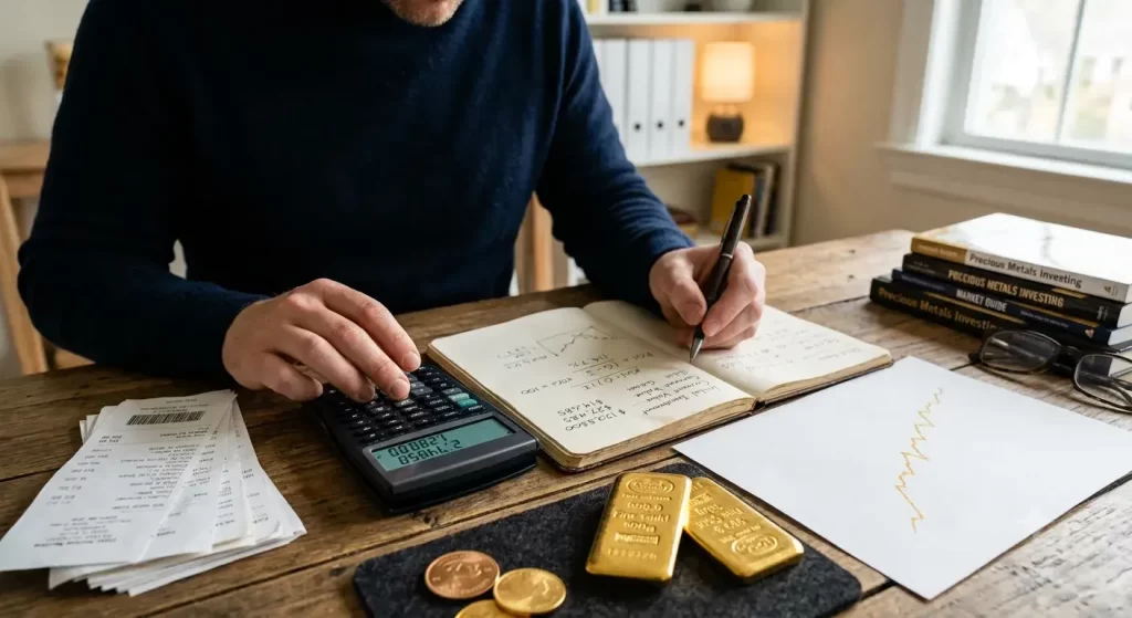Gold bars and coins with a calculator and financial notes for calculating investment returns.