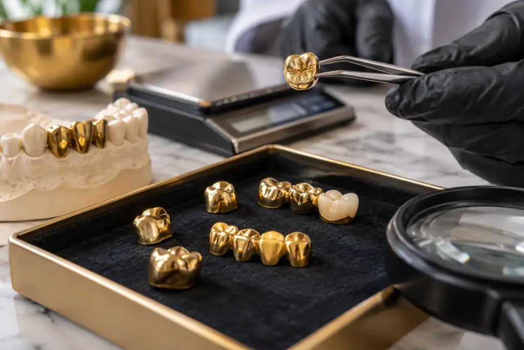 Gold dental crowns and bridge pieces being inspected and weighed to determine dental gold value.