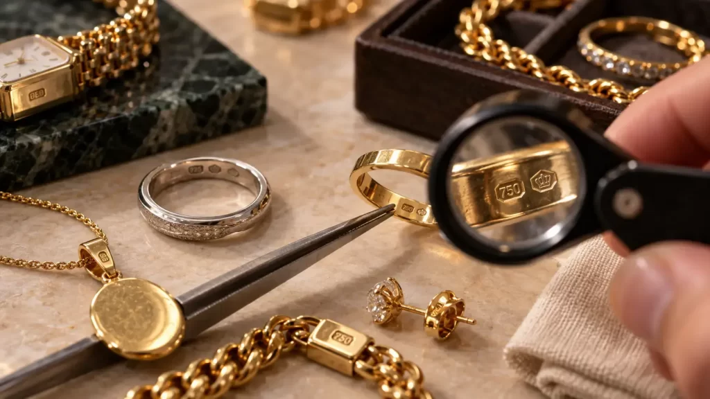 Gold jewelry being examined with a magnifying glass to identify purity marks.