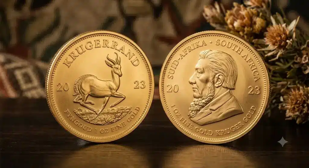 Krugerrand gold coin showing the springbok and Paul Kruger designs