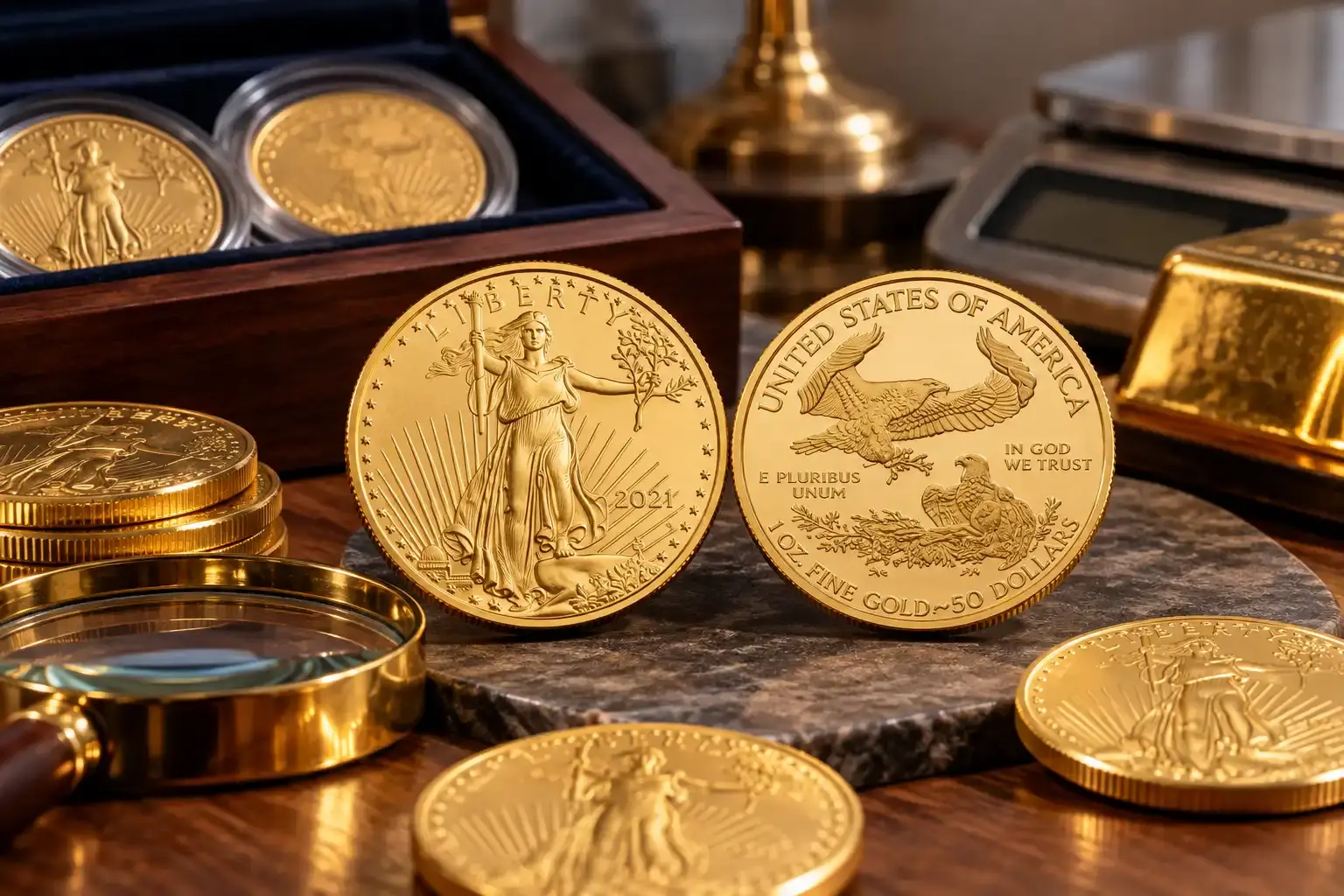 American Gold Eagle coin showing the Lady Liberty design and eagle reverse, displayed with other gold coins.