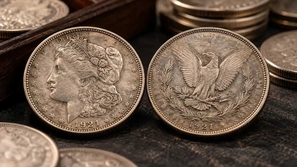 Obverse and reverse of a 1921 Morgan Silver Dollar showing the Liberty portrait and eagle design.